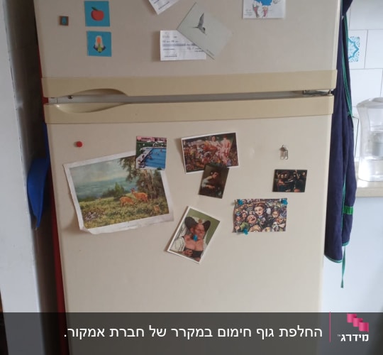 מקרר עם מגנטים ותמונות על הדלת